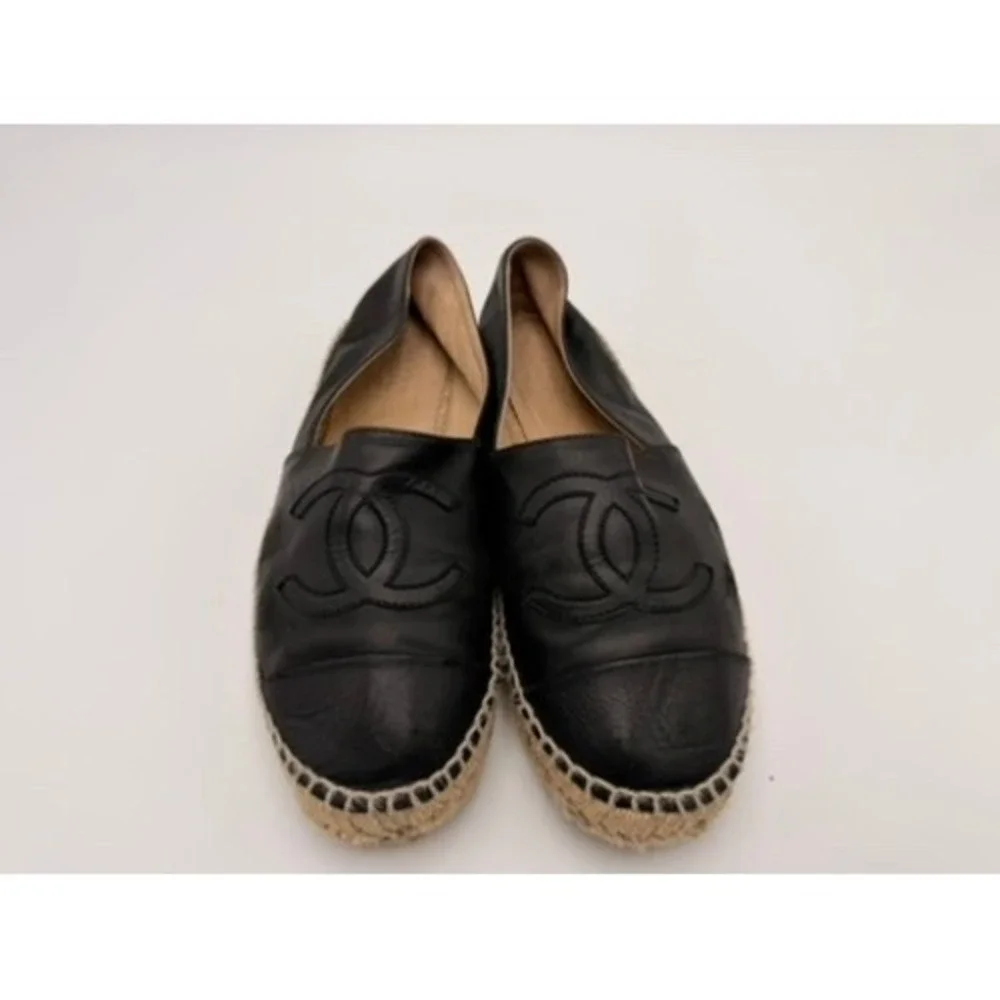 Chanel Espadrilles Women Black Good Lambskin Leather CC Logo‎ Flats